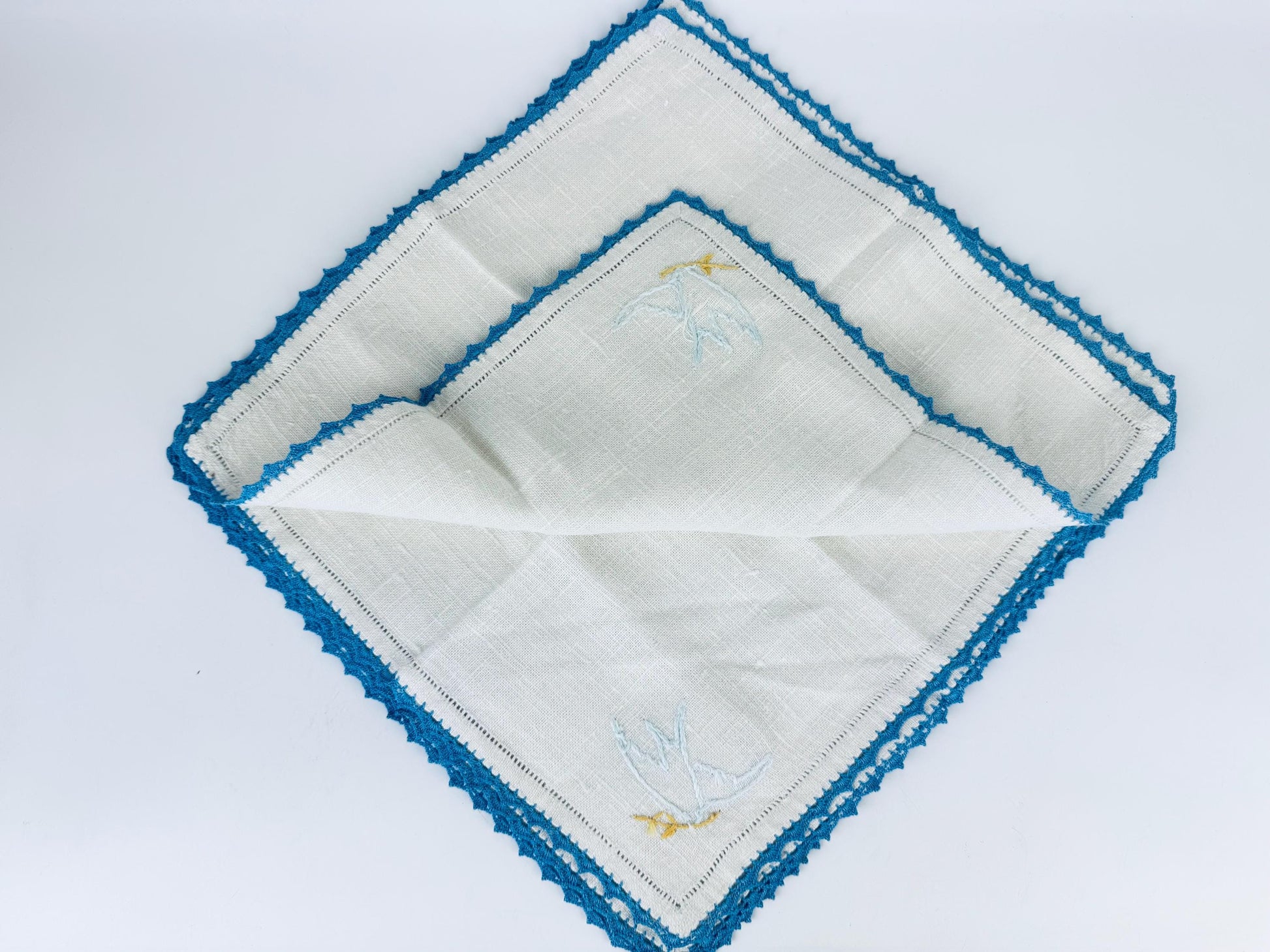 Product image for 'vintage 1940s embroidered linen napkins beige blue lace edge bird motif set of 4 table linens' (view 59aaf2)