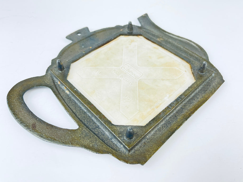 Product image for 'vintage kitsch tea kettle metal ceramic trivet fruit pig scene' (view 1b5b14)