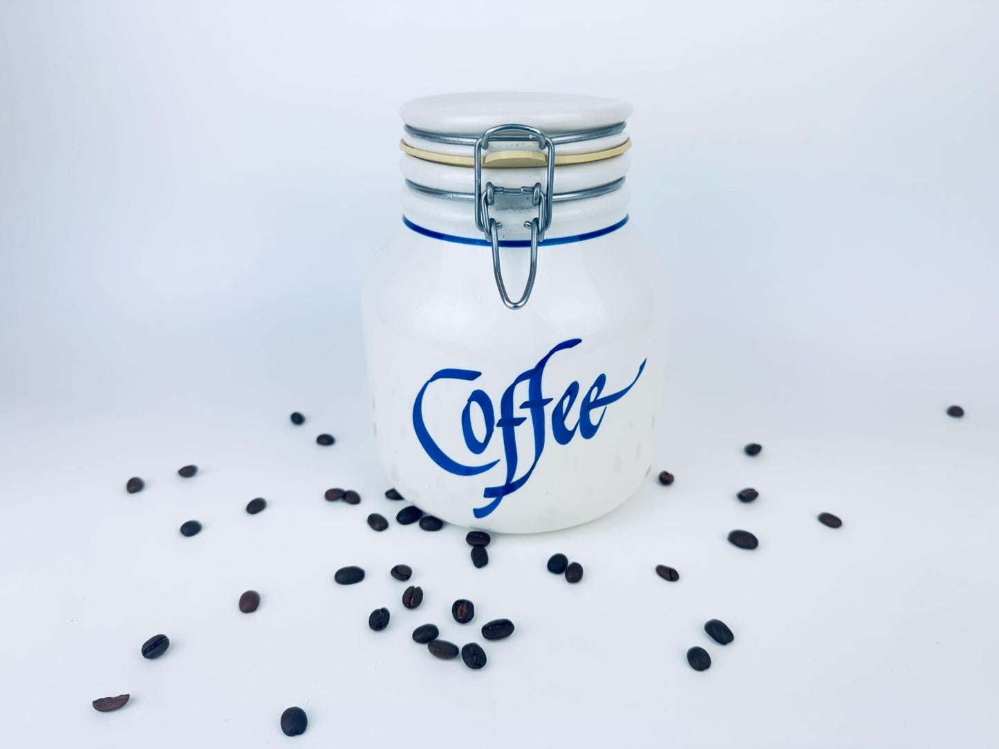 Product image for 'vintage 1990s beige blue ceramic coffee canister airtight countertop jar' (view 350e9c)