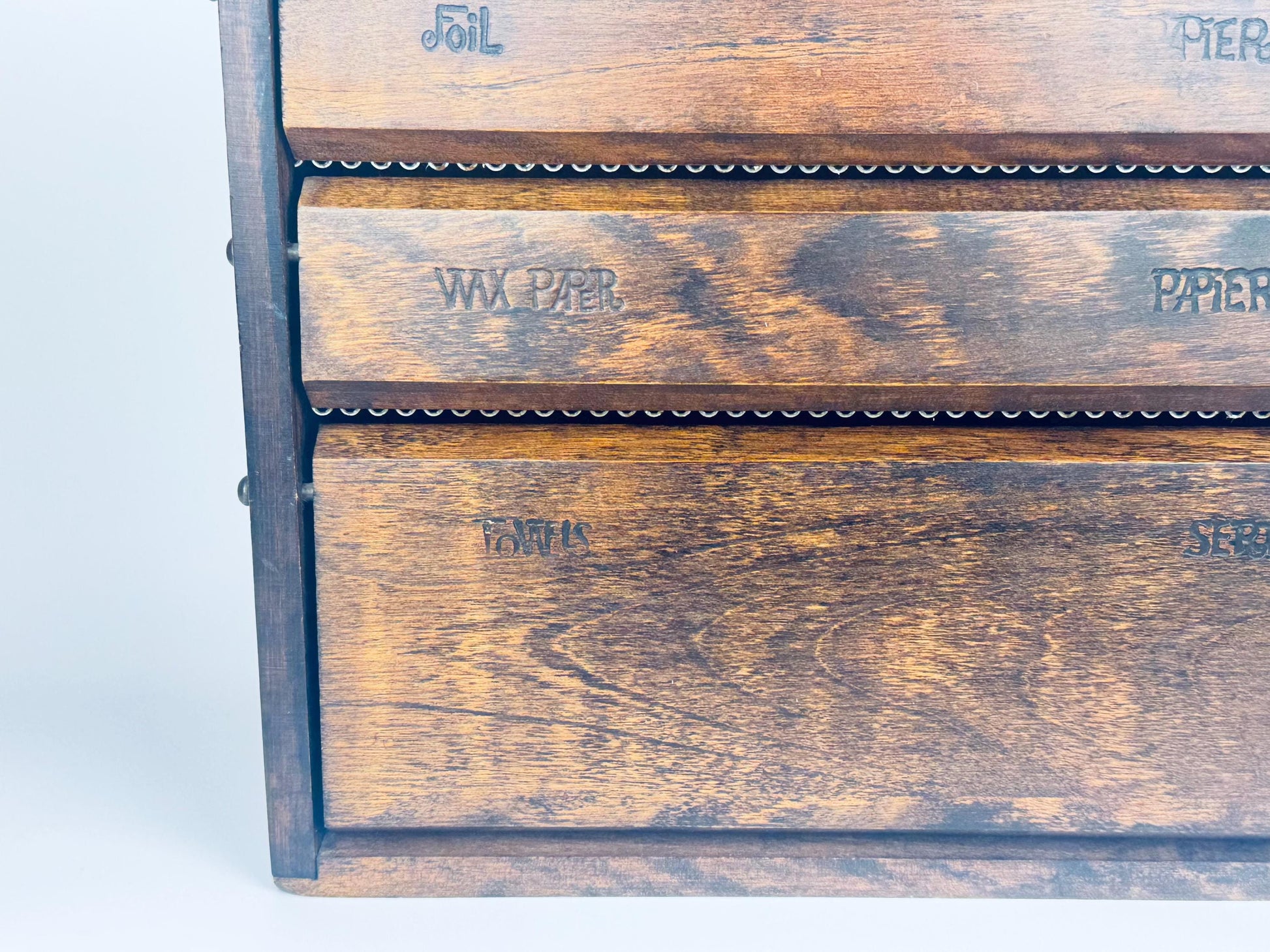 Product image for 'vintage mid century baribocraft wood dispenser 1960s wall mount foil wax paper towel holder rustic canadian kitchen organizer' (view 5821b2)