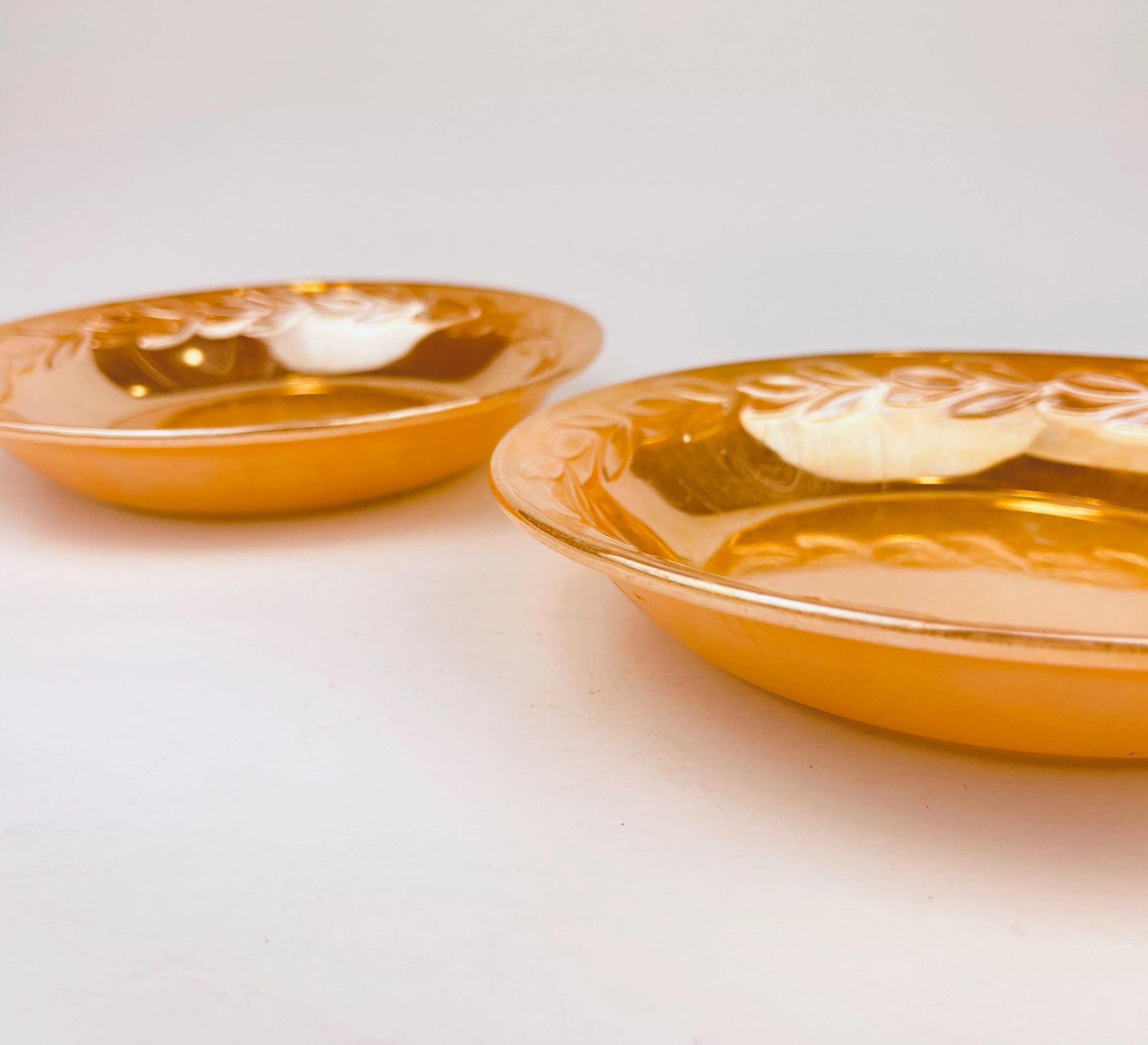 Product image for 'vintage peach lustreware laurel leaf replacement bowls saucer plates set of two 2 fire king made in usa sets sold separately' (view d93376)