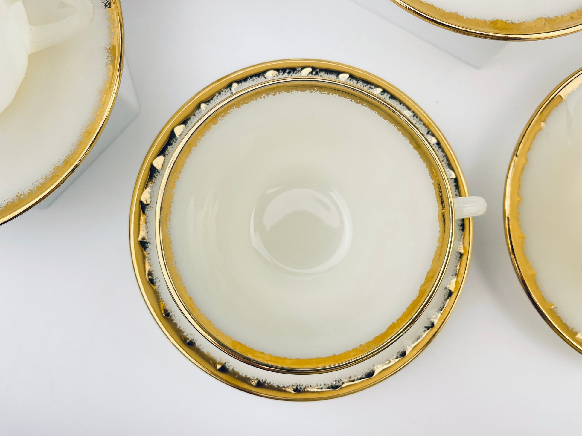 Product image for 'vintage fire king white gold gilt trim milk glass tea cup saucer replacement made in usa' (view 1182ca)