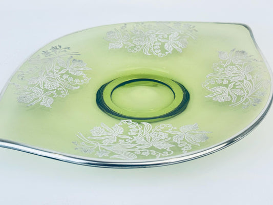 Product image for 'vintage light olive green teardrop decorative glass plate silver floral overlay print' (view 82a267)