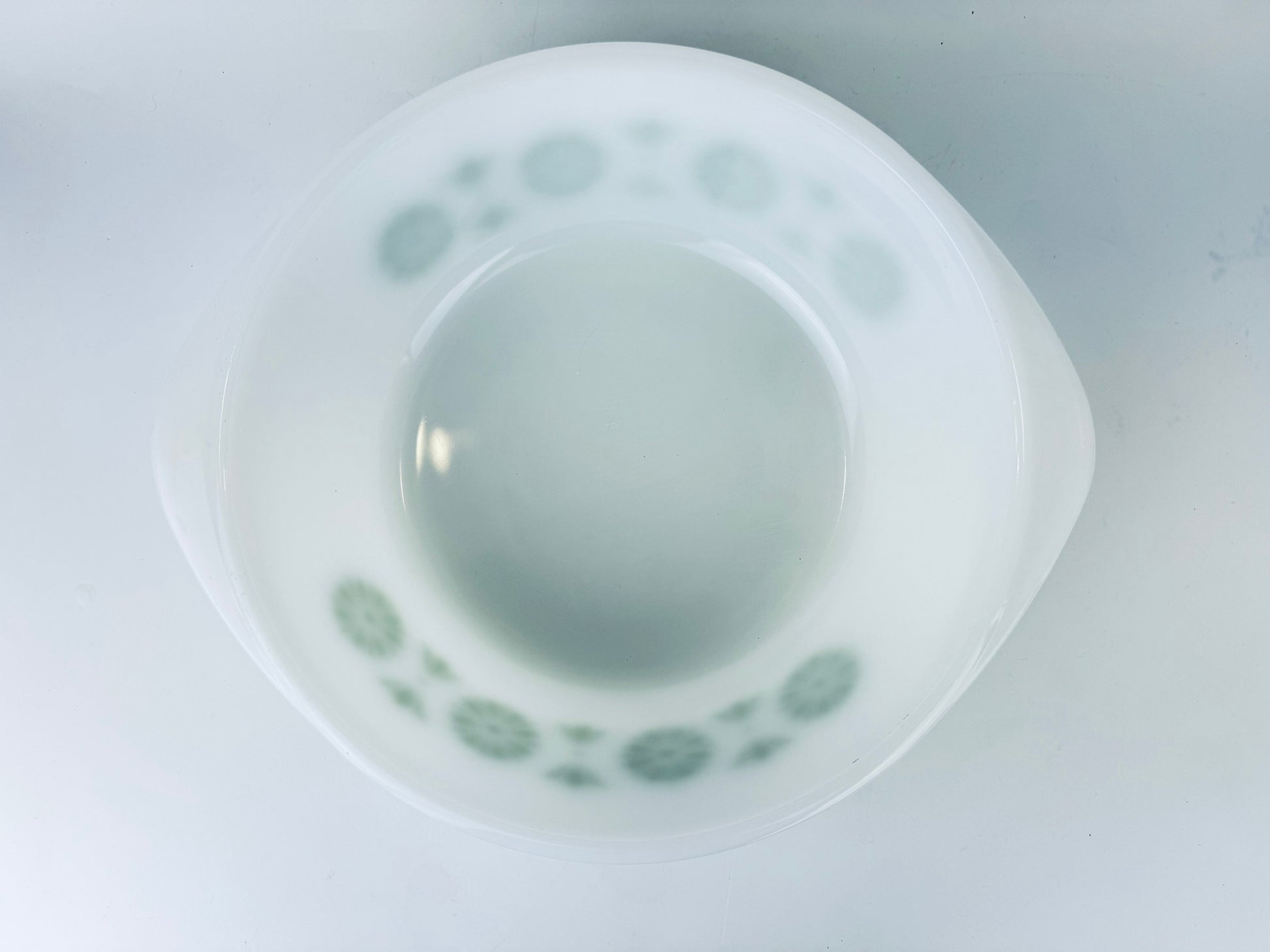 Product image for 'vintage glasbake green pinwheel bushel of wheat pattern casserole dish 514 2 qt made in usa' (view c94ee6)
