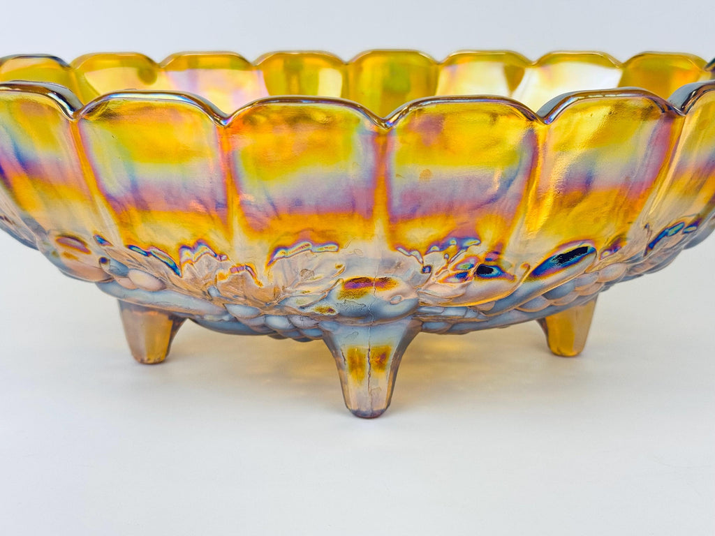 Product image for 'vintage indiana amber carnival glass harvest grape four footed fruit bowl' (view 19c528)