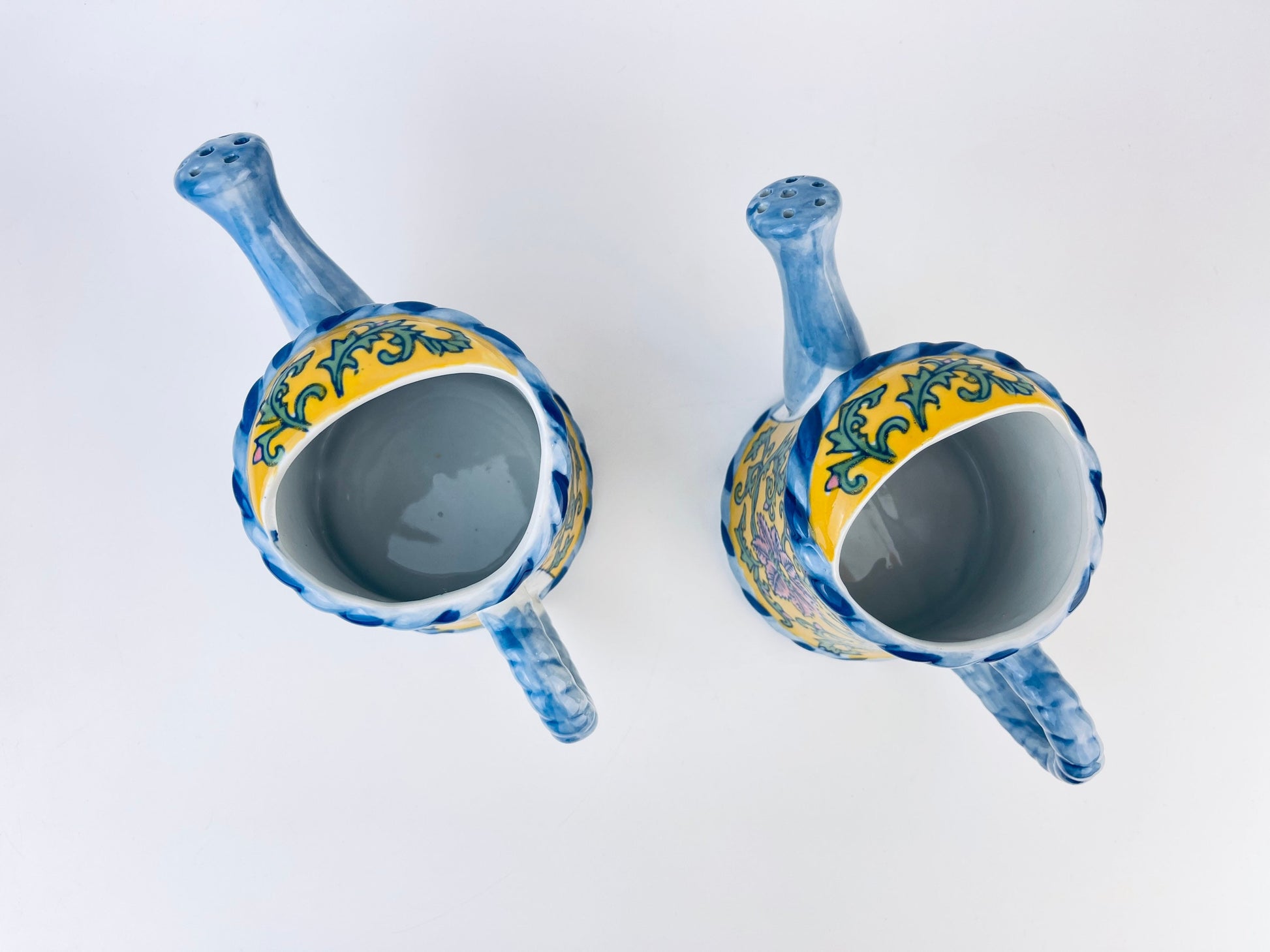 Product image for 'vintage hand painted blue yellow floral print ceramic watering can pot with handle rope handle bella case by ganz sold separately' (view b29ab7)