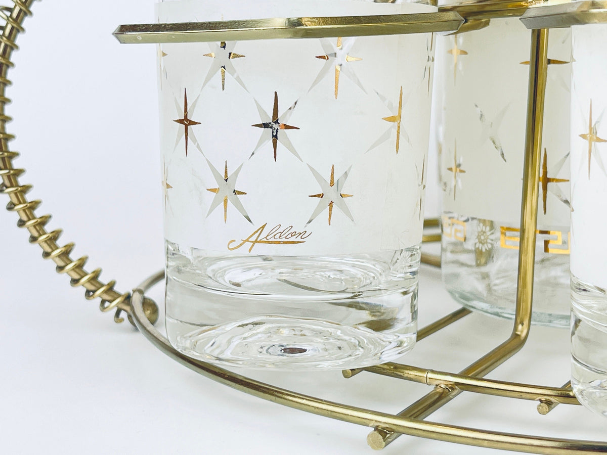 Product image for 'vintage rare aldon frosted white gold grecian gold atomic pattern barware set decanter six glasses barware gift' (view d063c3)