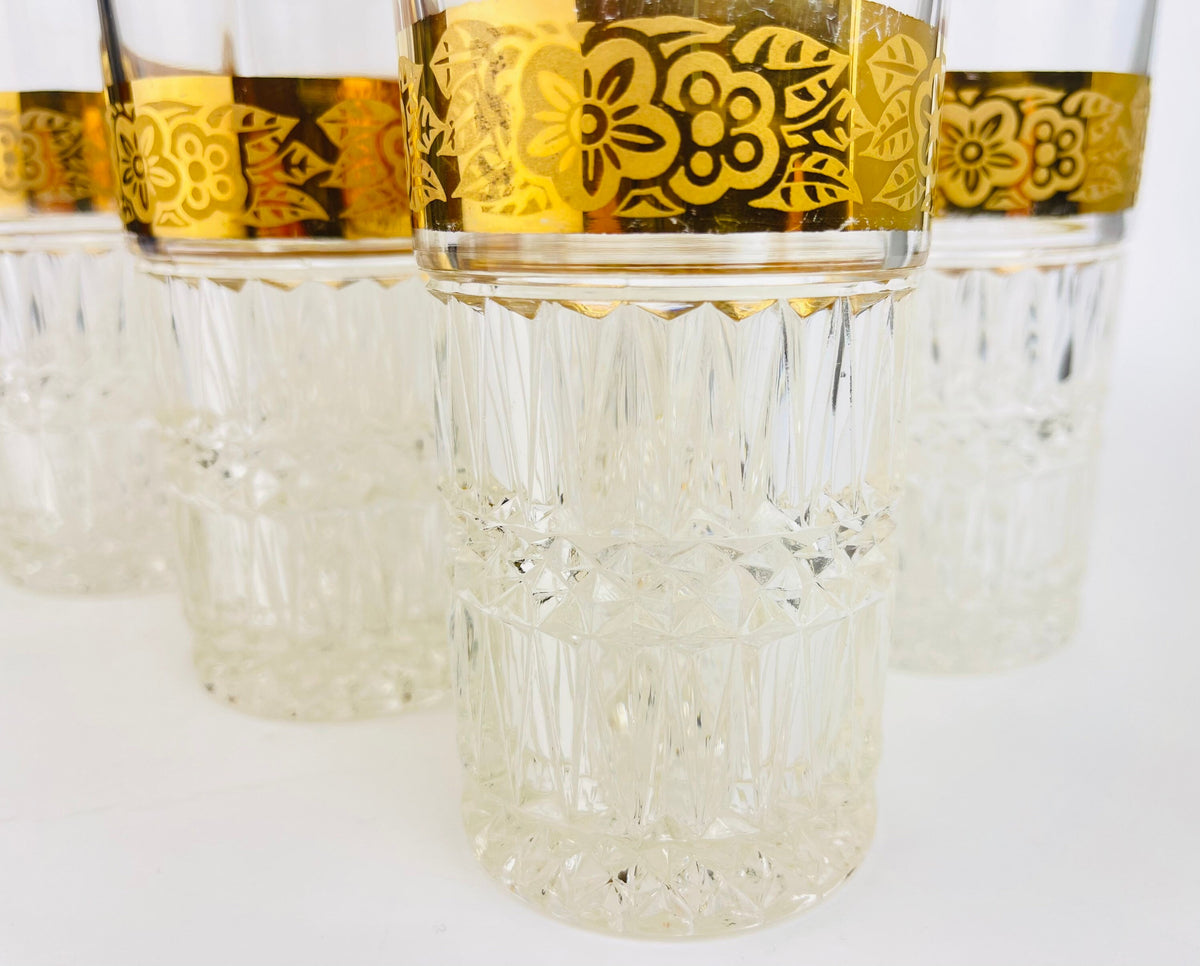 Product image for 'vintage heavy crystal gold highball water tumblers flower gold band with gold rimmed top set of six 6' (view f19245)