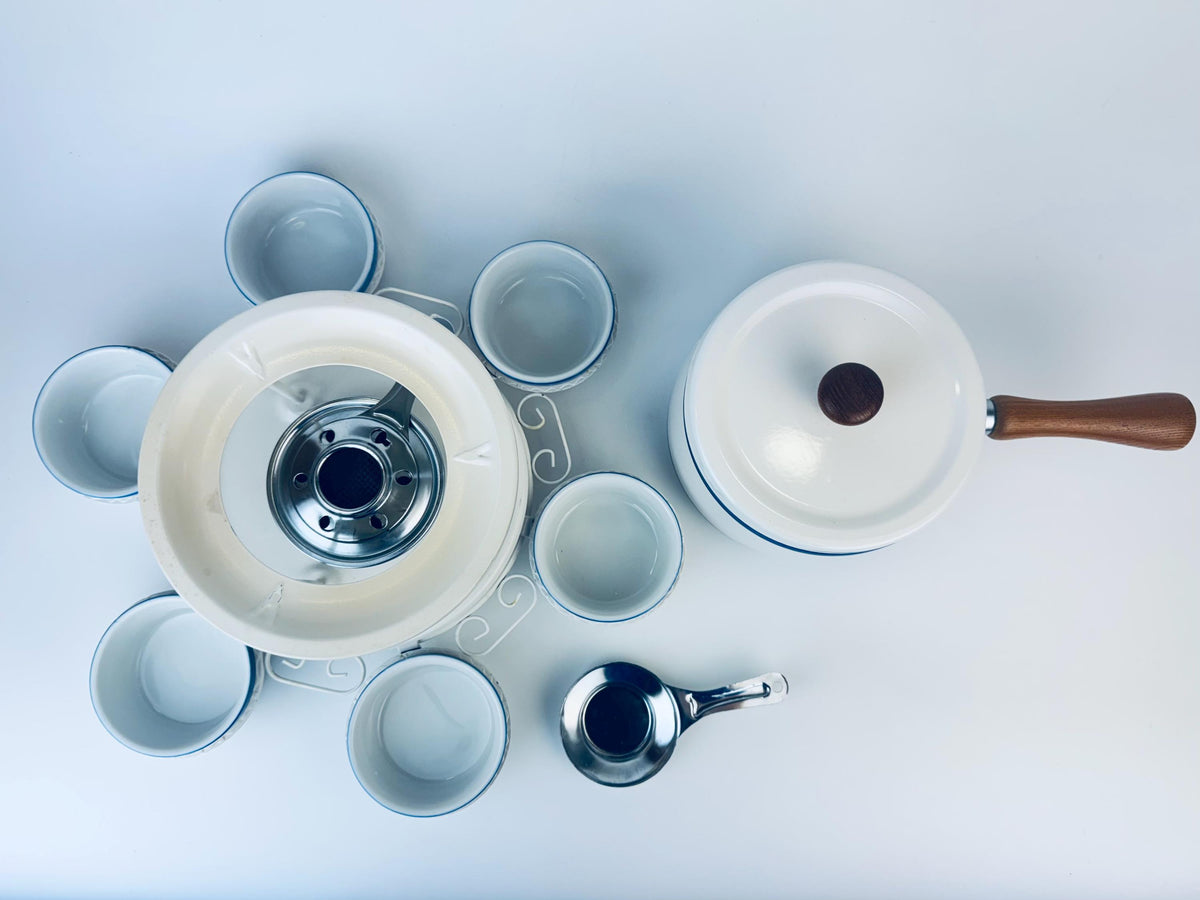 Product image for 'vintage white blue striped lazy susan fondue set' (view f3d033)