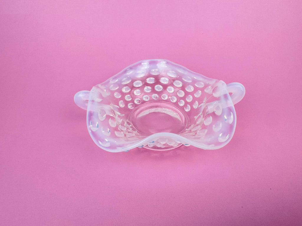 Product image for 'vintage fenton moonstone hobnail glass dish 1940s opalescent ruffled trinket bowl with handles' (view 3a4bb9)