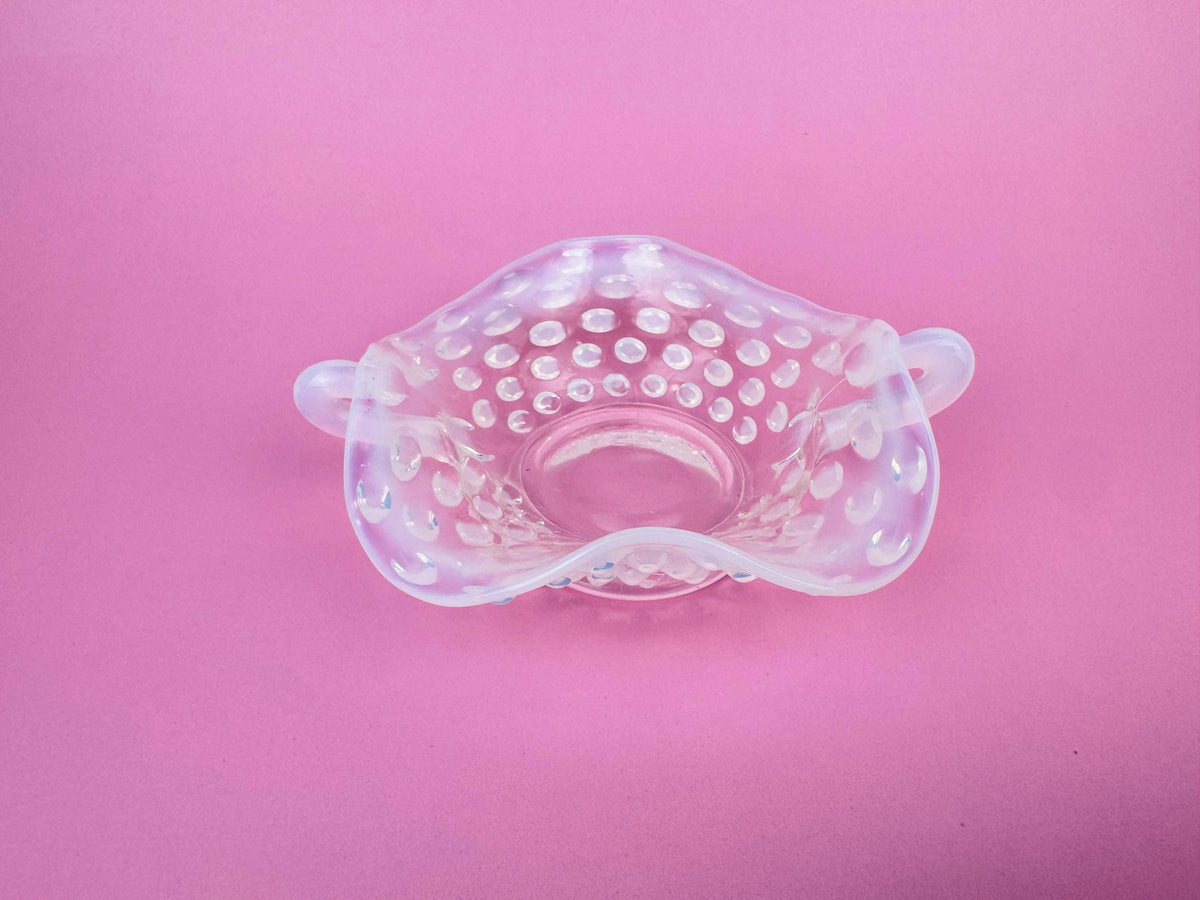 Product image for 'vintage fenton moonstone hobnail glass dish 1940s opalescent ruffled trinket bowl with handles' (view 3a4bb9)