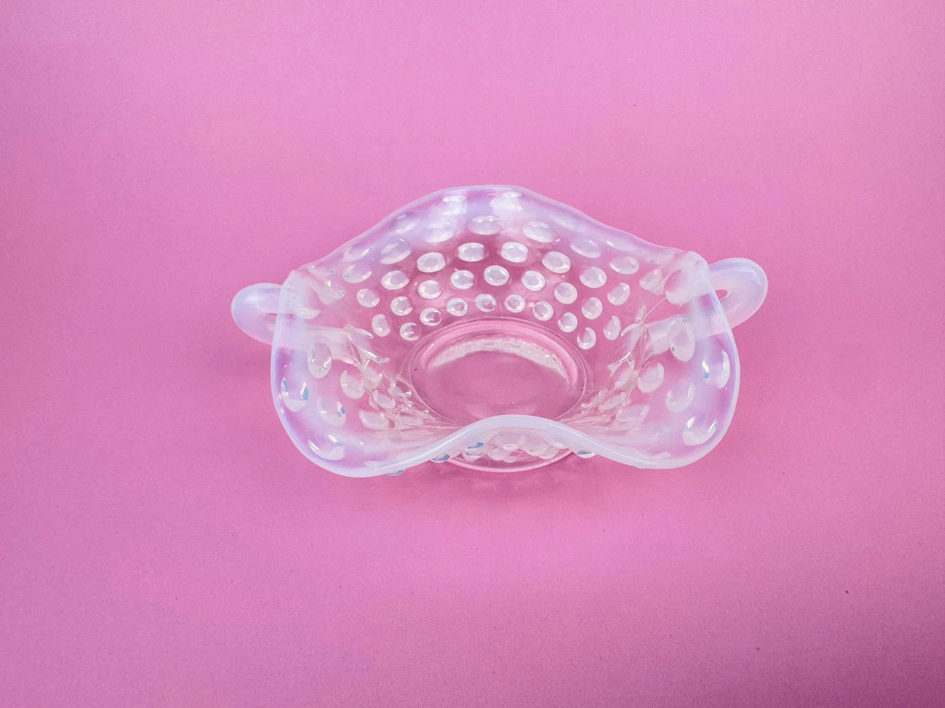 Product image for 'vintage fenton moonstone hobnail glass dish 1940s opalescent ruffled trinket bowl with handles' (view 3a4bb9)
