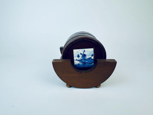 Product image for 'vintage delft windmill blue white coaster set wood ceramic inlay set of six 6' (view 2e08a9)