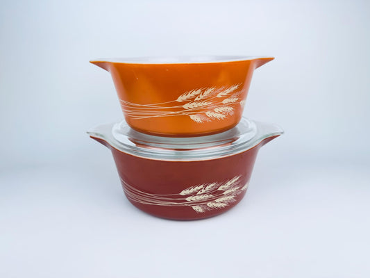 Product image for 'vintage autumn harvest wheat pattern pyrex bright orange casserole dishes dishes sold separately' (view 0b0c77)