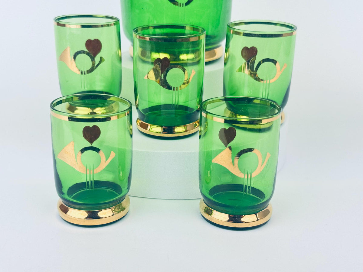 Product image for 'vintage mid century emerald green gold glass decanter shot glass set 1960s mcm heart trumpet barware' (view b9750b)