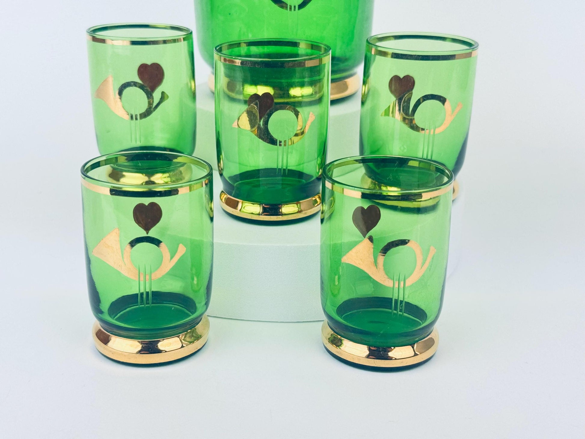 Product image for 'vintage mid century emerald green gold glass decanter shot glass set 1960s mcm heart trumpet barware' (view b9750b)