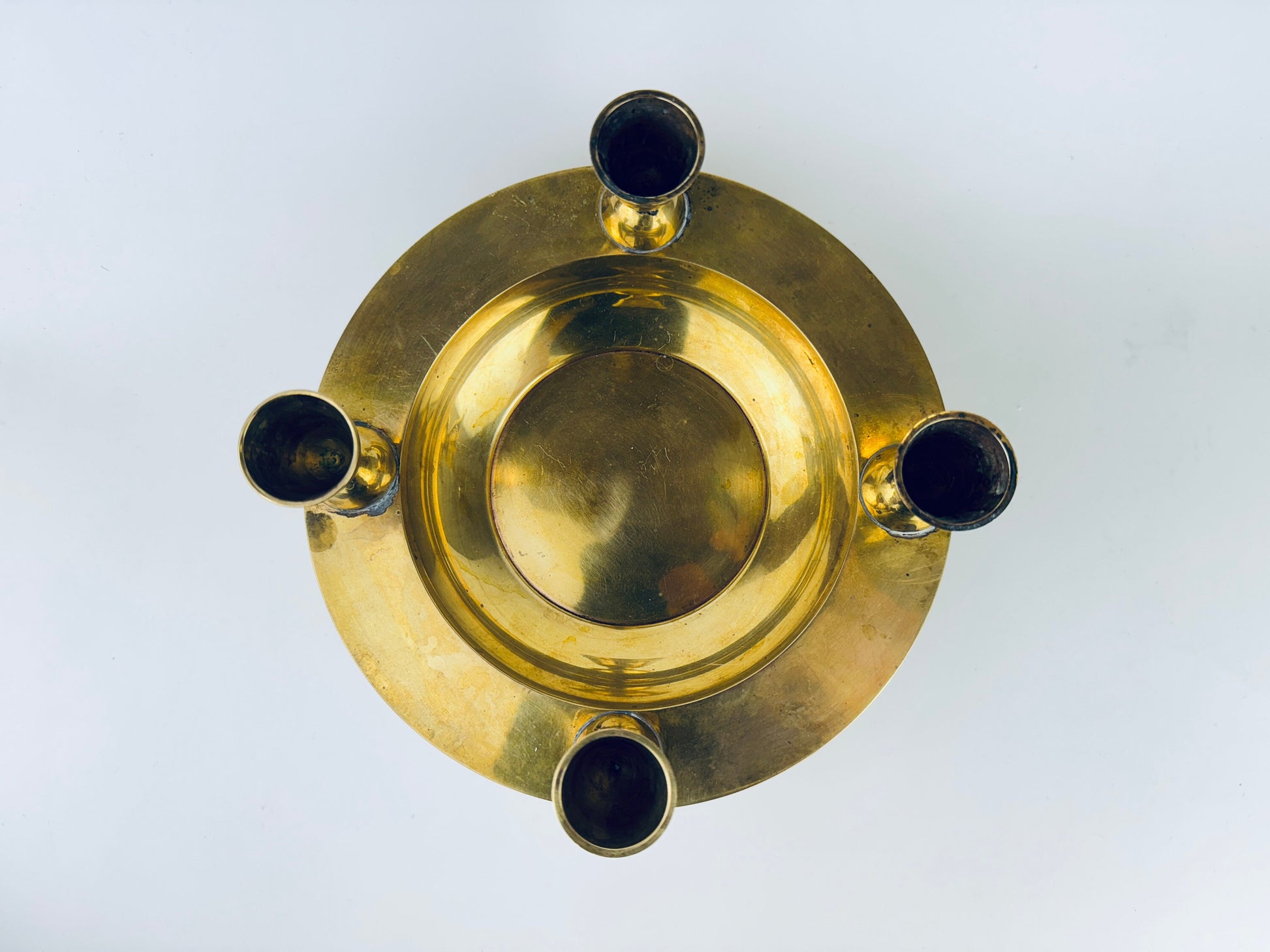 Product image for 'vintage round brass bowl multi candle stick holder centrepiece attractive aged metal patina' (view 854877)