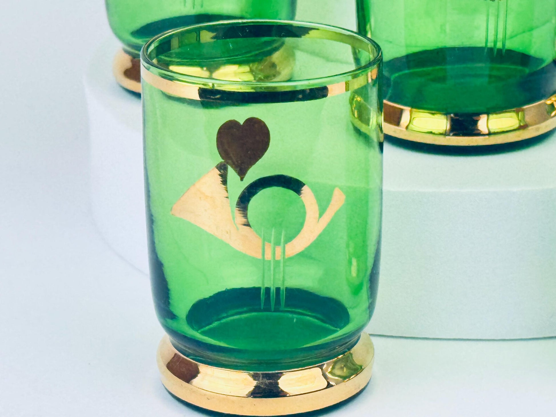 Product image for 'vintage mid century emerald green gold glass decanter shot glass set 1960s mcm heart trumpet barware' (view 2fbd1b)