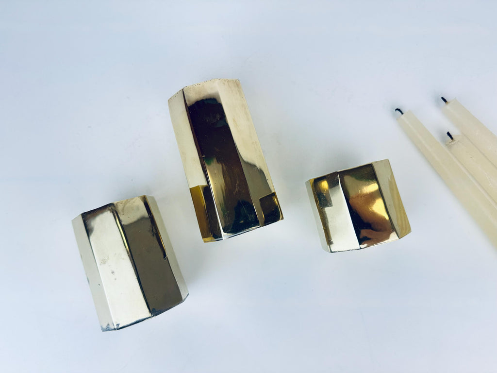 Product image for 'vintage hexagonal solid brass candle stick holders set of three 3' (view 05ca1e)