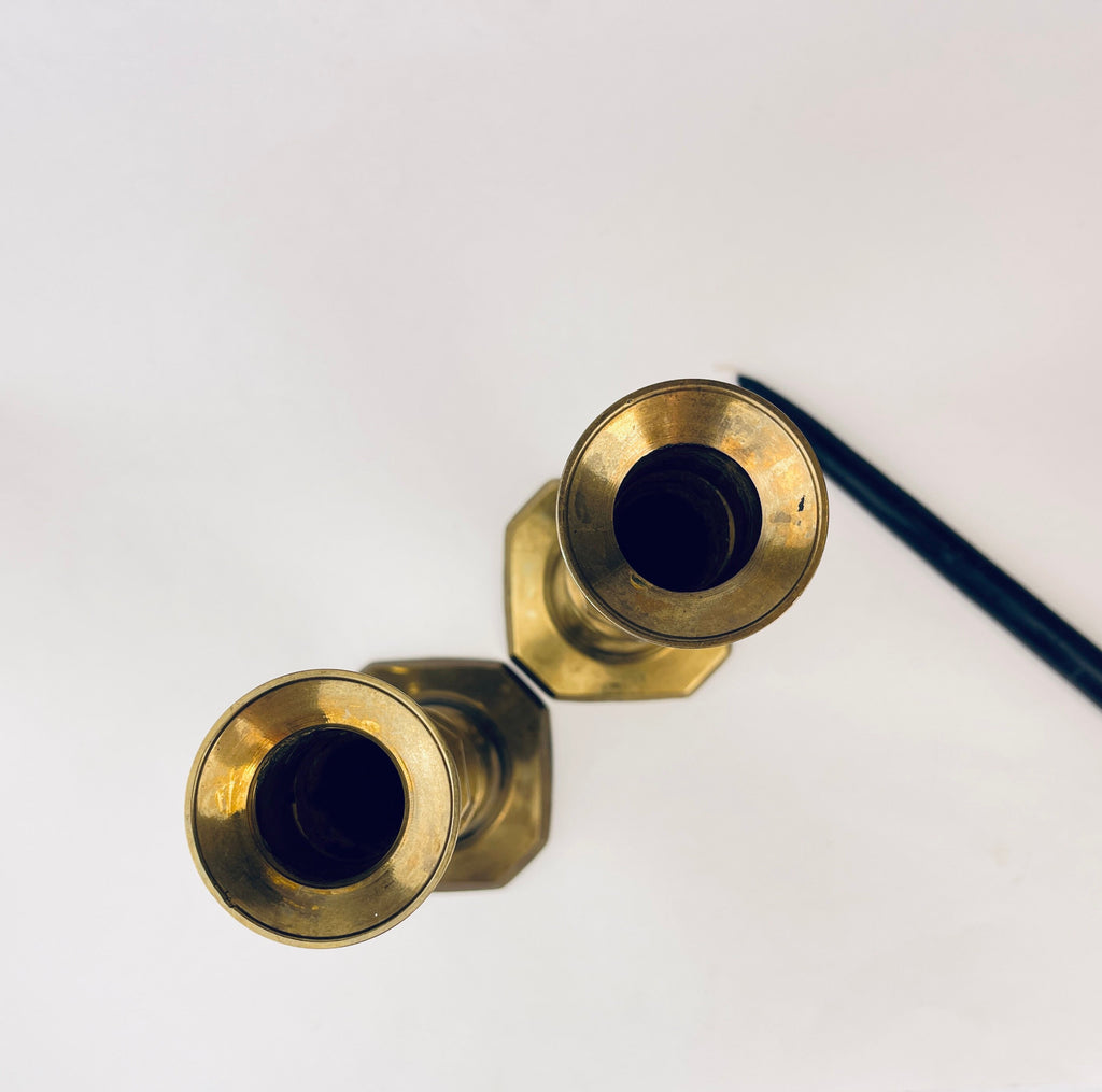 Product image for 'vintage tall solid brass candlestick holders elegant aged patina set of two' (view d42853)