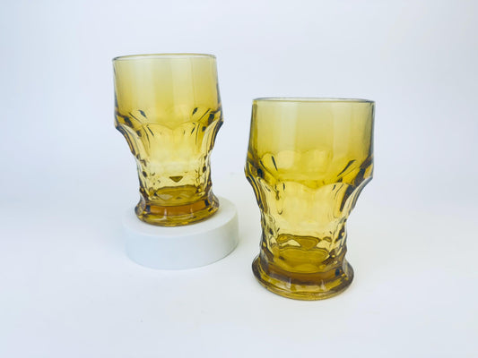 Product image for 'vintage amber chiselled heavy glass pedestal glasses set of two 2 anchor hocking made in usa' (view 063f5b)
