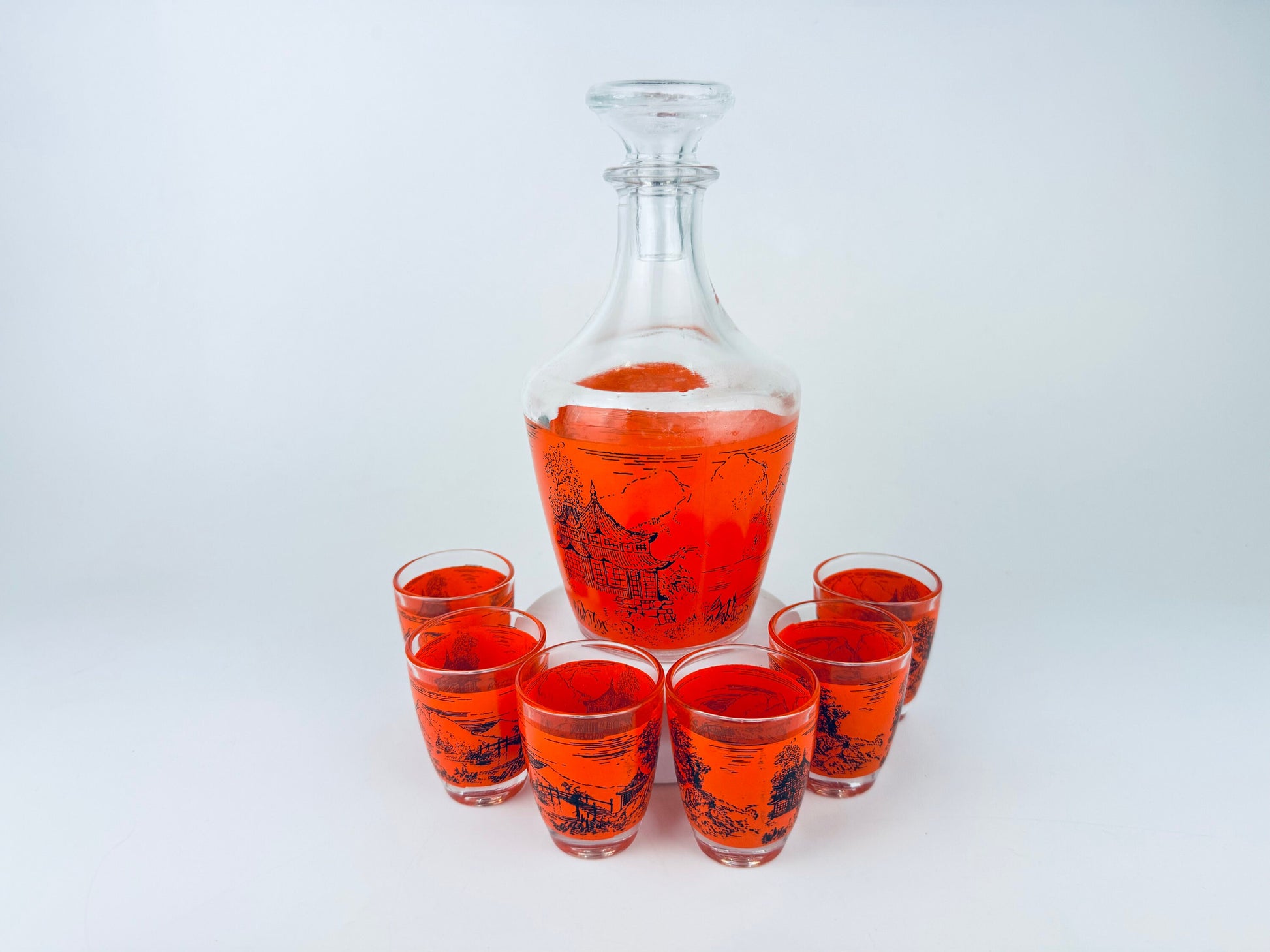 Product image for 'vintage orange black asian landscape print glass decanter shot glasses set of six 6 made in france barware gift' (view a526f0)