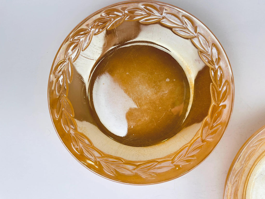 Product image for 'vintage peach lustreware laurel leaf replacement bowls saucer plates set of two 2 fire king made in usa sets sold separately' (view 17ab9d)