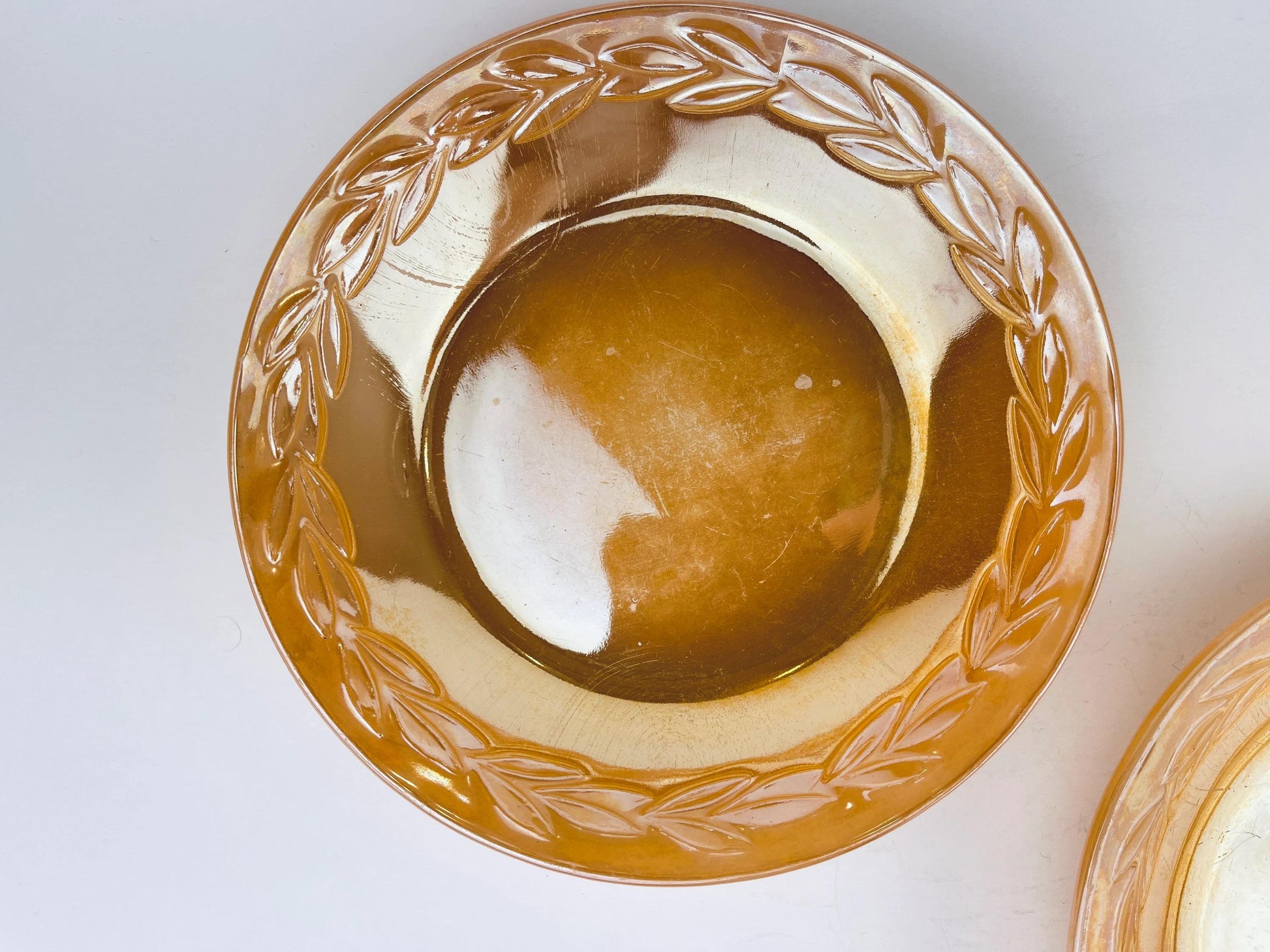 Product image for 'vintage peach lustreware laurel leaf replacement bowls saucer plates set of two 2 fire king made in usa sets sold separately' (view 17ab9d)