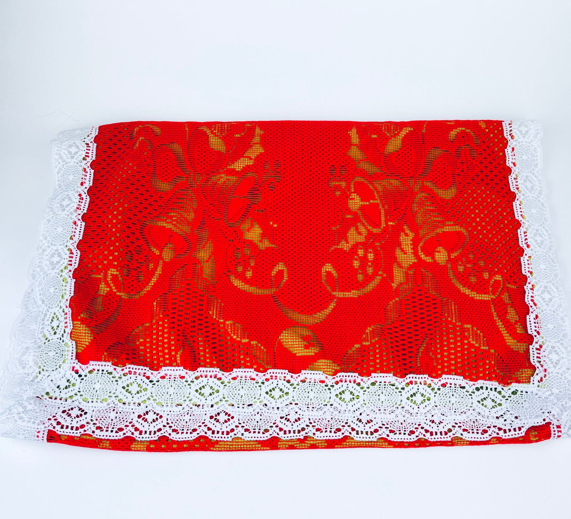 Product image for 'vintage christmas table runner poinsettia bells red green white lace pattern 16 5 x 44' (view aa4b7f)