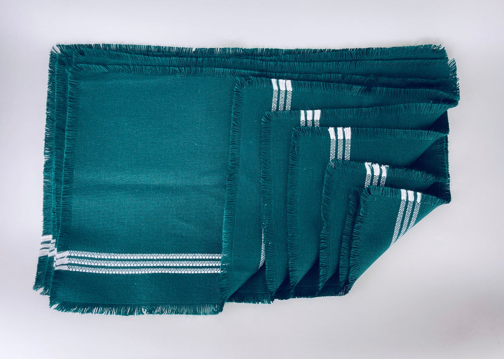 Product image for 'vintage forest green rectangular fringe white stripped woven place mats set of six 6' (view 83e139)
