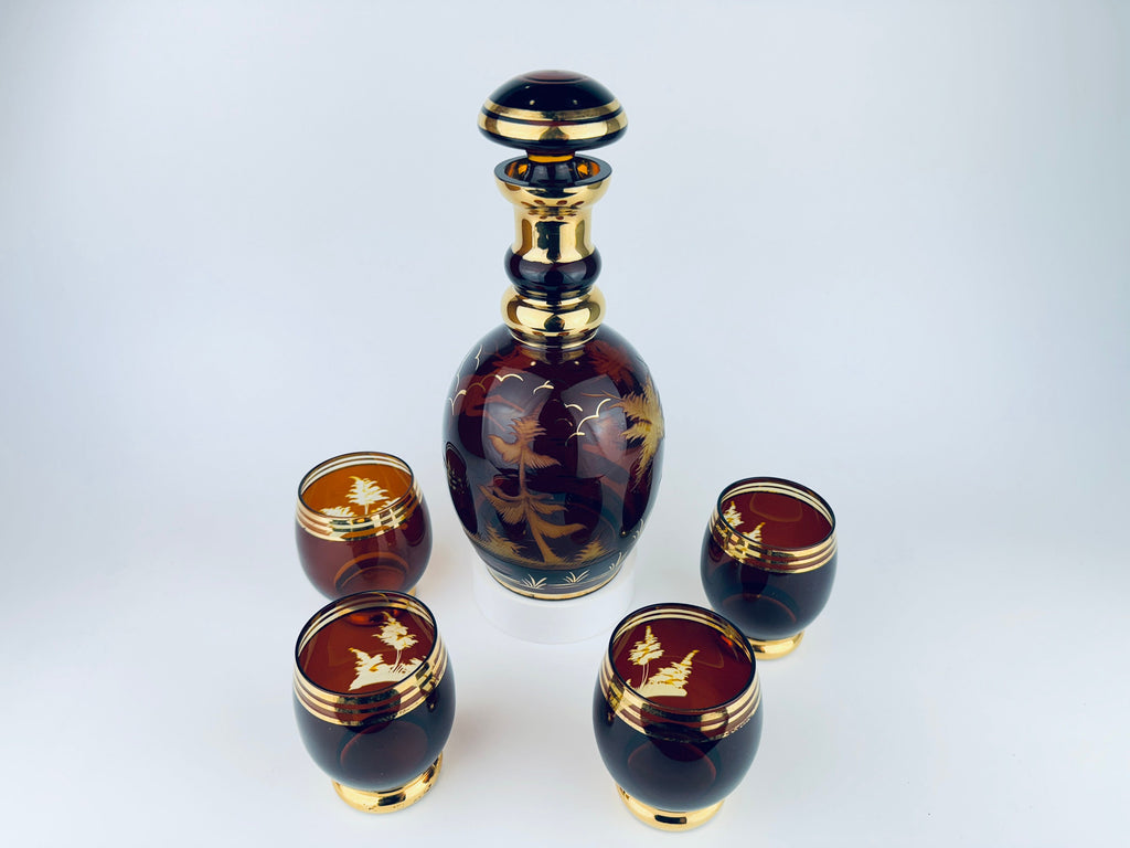 Product image for 'vintage dark brown gold striped egermann stag landscape barware set glass decanter four 4 roly poly glasses made in czechoslovakia' (view cd5296)