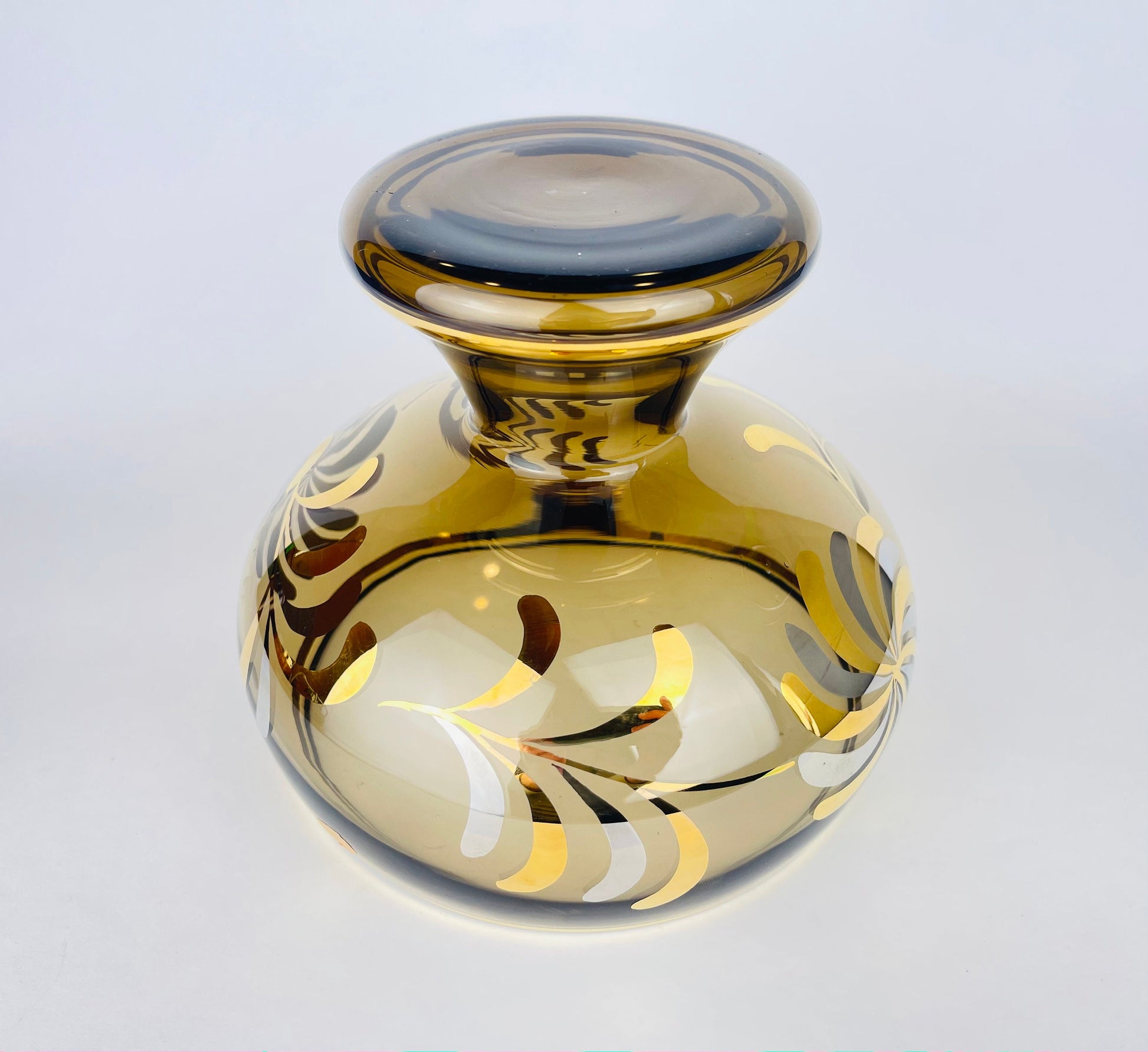 Product image for 'vintage bohemian footed glass compote bowl smokey gold art glass with floral motif made in czechoslovakia' (view 3fbb9d)