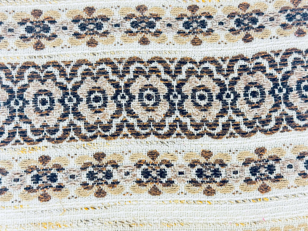 Product image for 'vintage 1970s beige brown floral woven table runner boho loomed textile with fringe ends 14 x 32' (view b194fd)