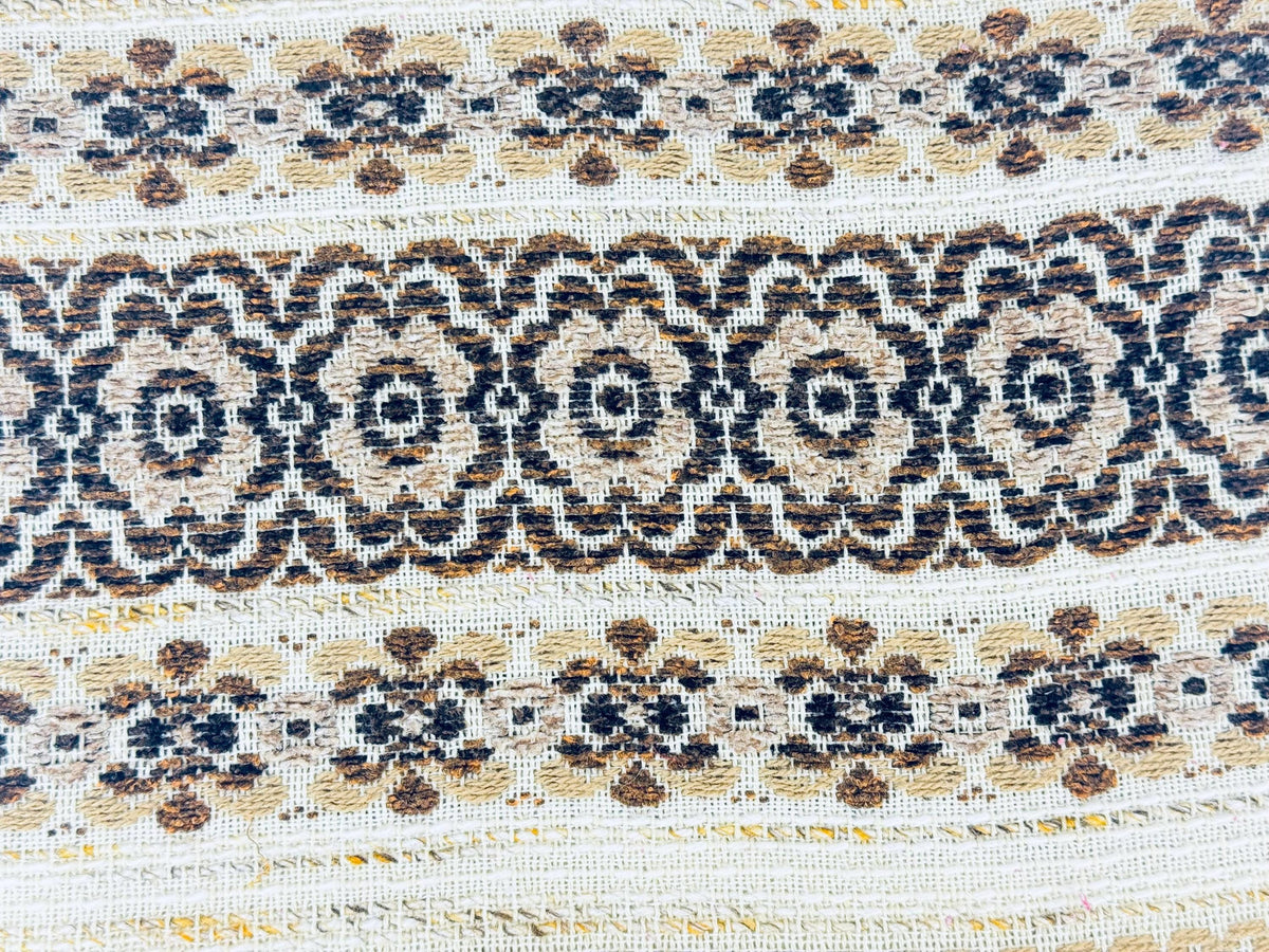 Product image for 'vintage 1970s beige brown floral woven table runner boho loomed textile with fringe ends 14 x 32' (view b194fd)