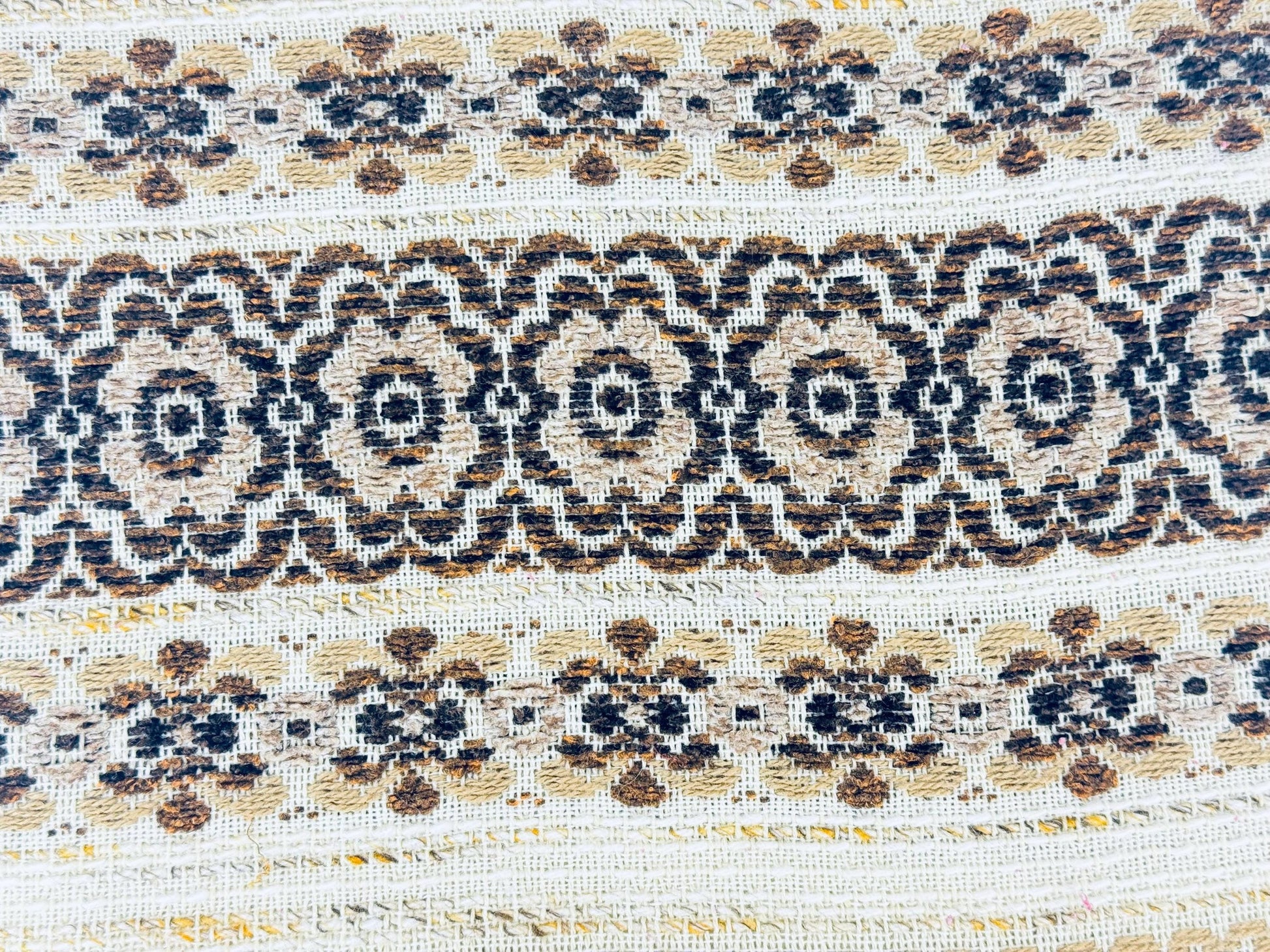Product image for 'vintage 1970s beige brown floral woven table runner boho loomed textile with fringe ends 14 x 32' (view b194fd)
