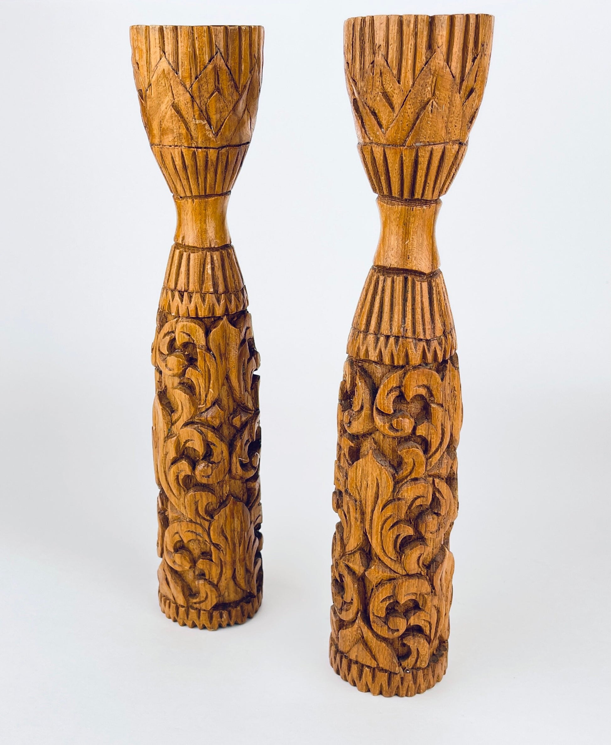 Product image for 'vintage 1970s hand carved wooden candlestick holders boho floral swirl pair' (view 38f0a4)