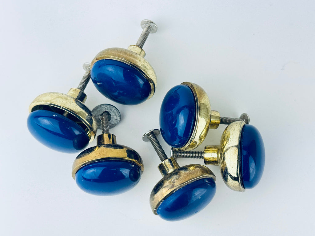 Product image for 'vintage 1980s blue plastic brass circular knob drawer pull hardware attractive aged brass patina' (view 963fd4)