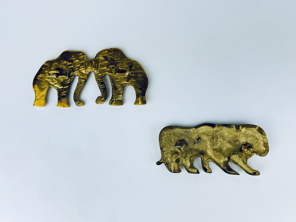 Product image for 'vintage hand made solid brass double lion elephant belt buckle attractive aged metal patina sold separately' (view d71b0a)