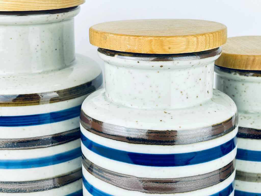 Product image for 'vintage striped grey speckle stoneware countertop canister set set of four 4 made in japan' (view cc8a9e)