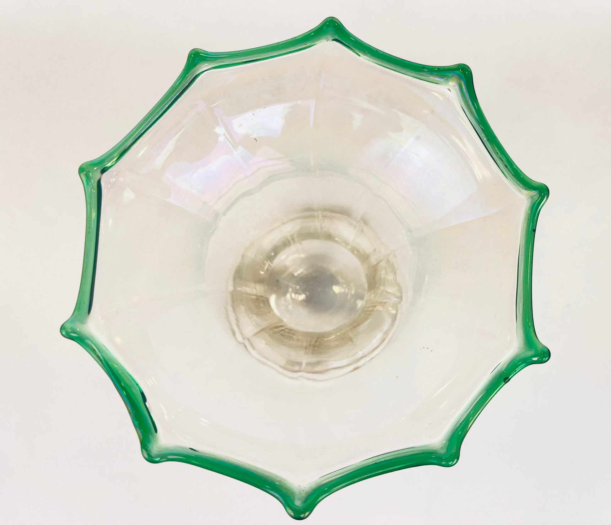 Product image for 'vintage depression glass bud vase scalloped ruffled top green rim' (view 18376d)