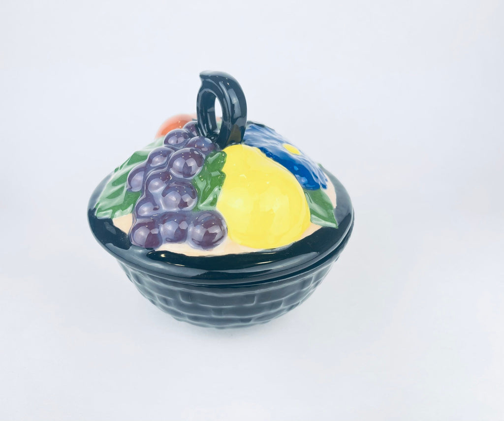 Product image for 'vintage round black ceramic fruit floral bowl with lid' (view 94d4c1)