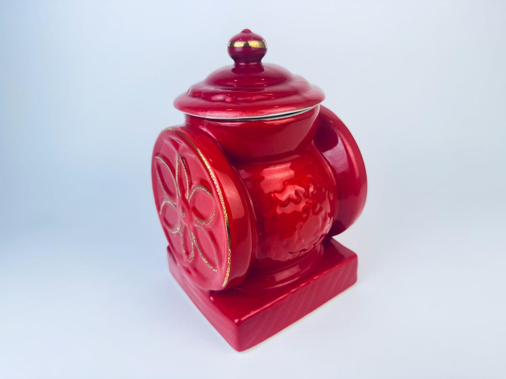 Product image for 'vintage house of webster cookie biscuit jar red gold ceramic coffee grinder canister made in eastland texas usa' (view 4b8e10)