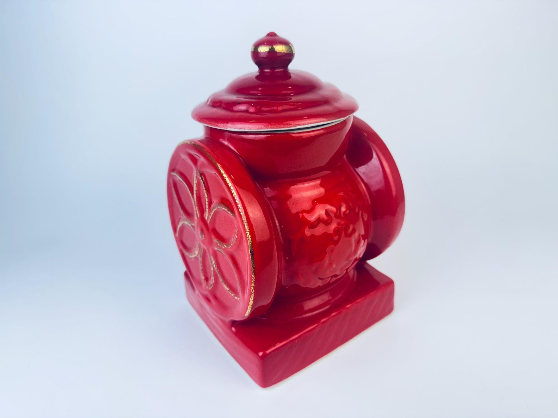 Product image for 'vintage house of webster cookie biscuit jar red gold ceramic coffee grinder canister made in eastland texas usa' (view 4b8e10)