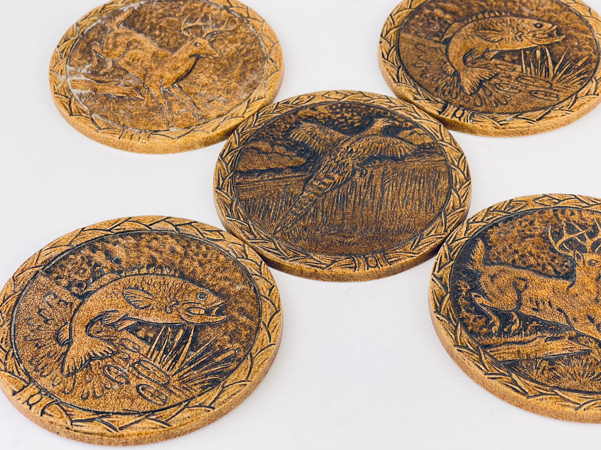 Product image for 'vintage faux wood outdoorsman coaster set set of five 5 pheasant deer fish' (view 8dc9d0)