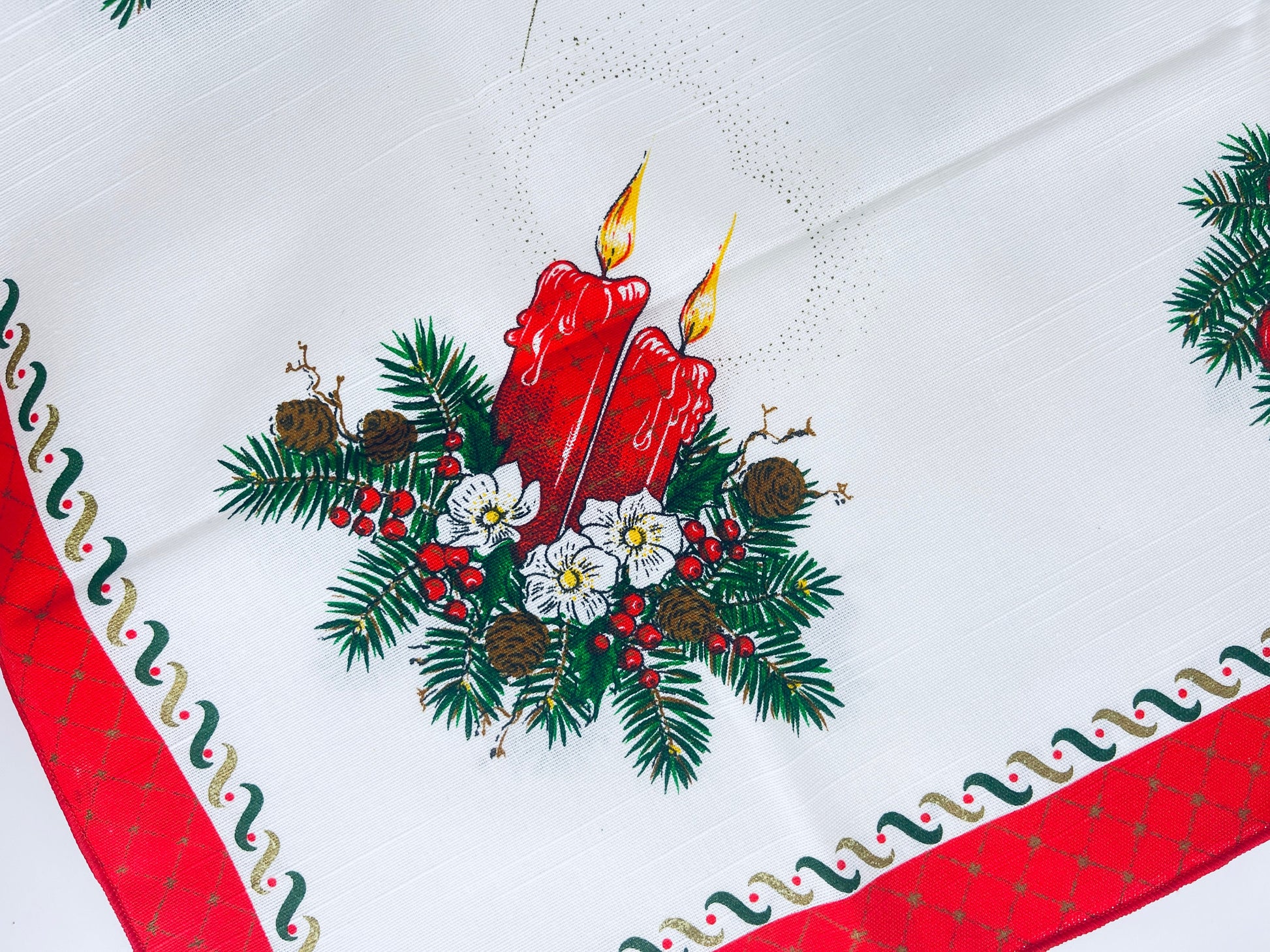 Product image for 'vintage christmas print square table cloth christmas bells ornaments candles 31 x 31 made in brazil by interloom' (view a0acfd)