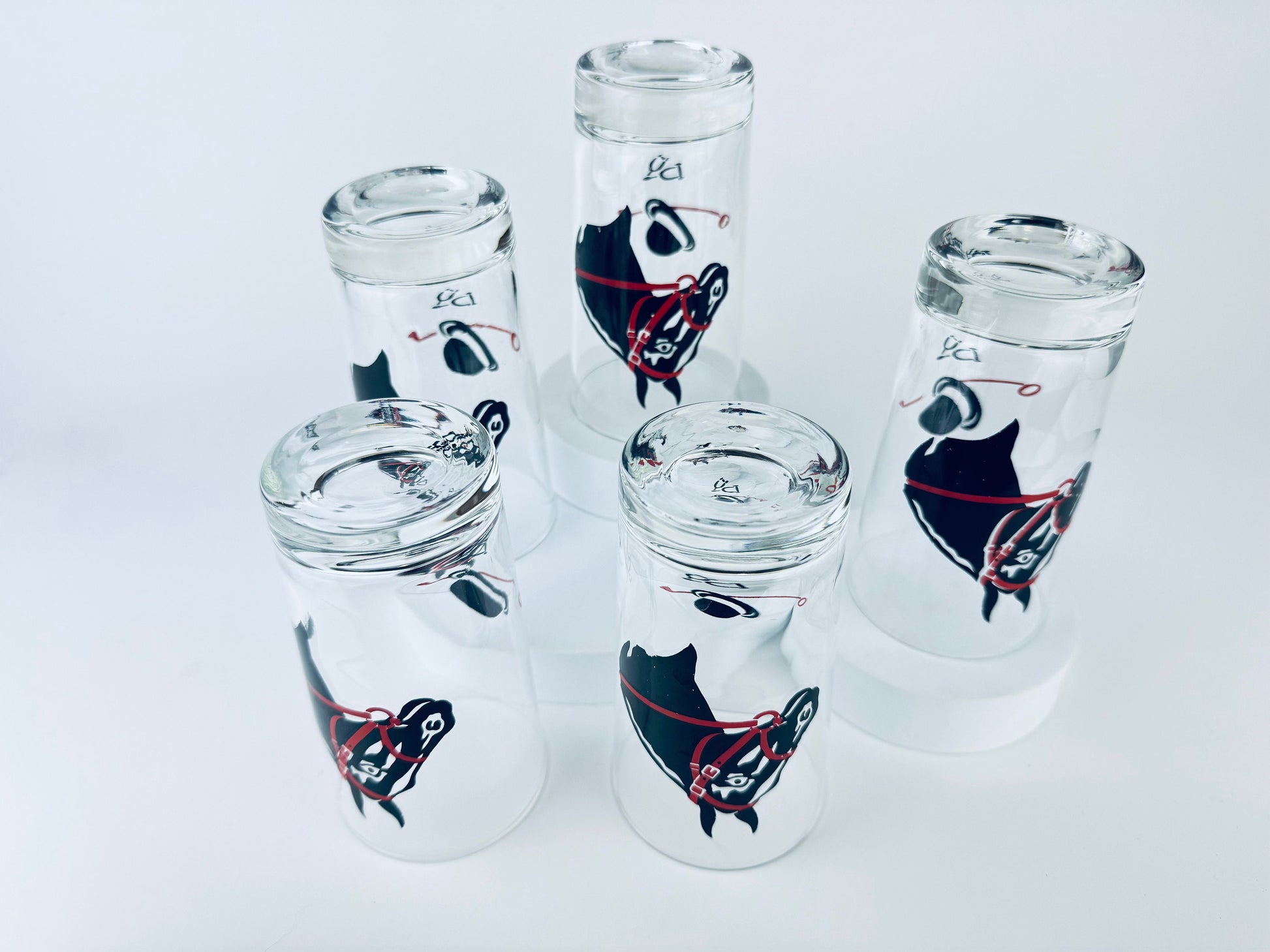 Product image for 'vintage racing kentucky derby hat horse equestrian drinking highball barware glasses federal glass set of five 5' (view c28c13)