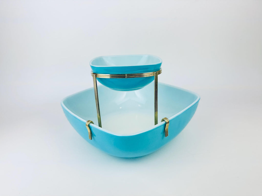 Product image for 'vintage rare pyrex chip n dip turquoise square glass bowl set made in usa promotional hostess collaboration 1959' (view 678cfe)