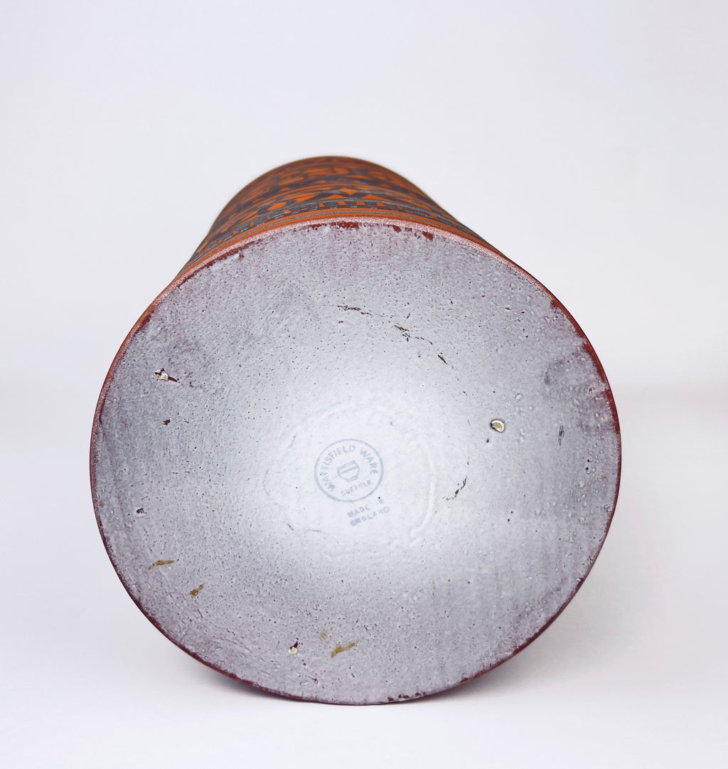Product image for 'vintage wattisfield ware suffolk terracotta pottery widemouth vase hand painted mid century modern pattern made in england' (view 0d71e4)