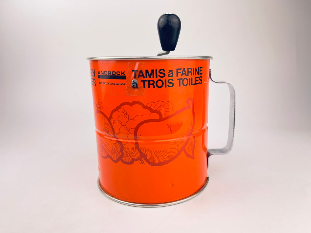 Product image for 'vintage orange metal flour sifter merry mushroom veggie pattern three 3 screen layers new old stock nos' (view a8de82)