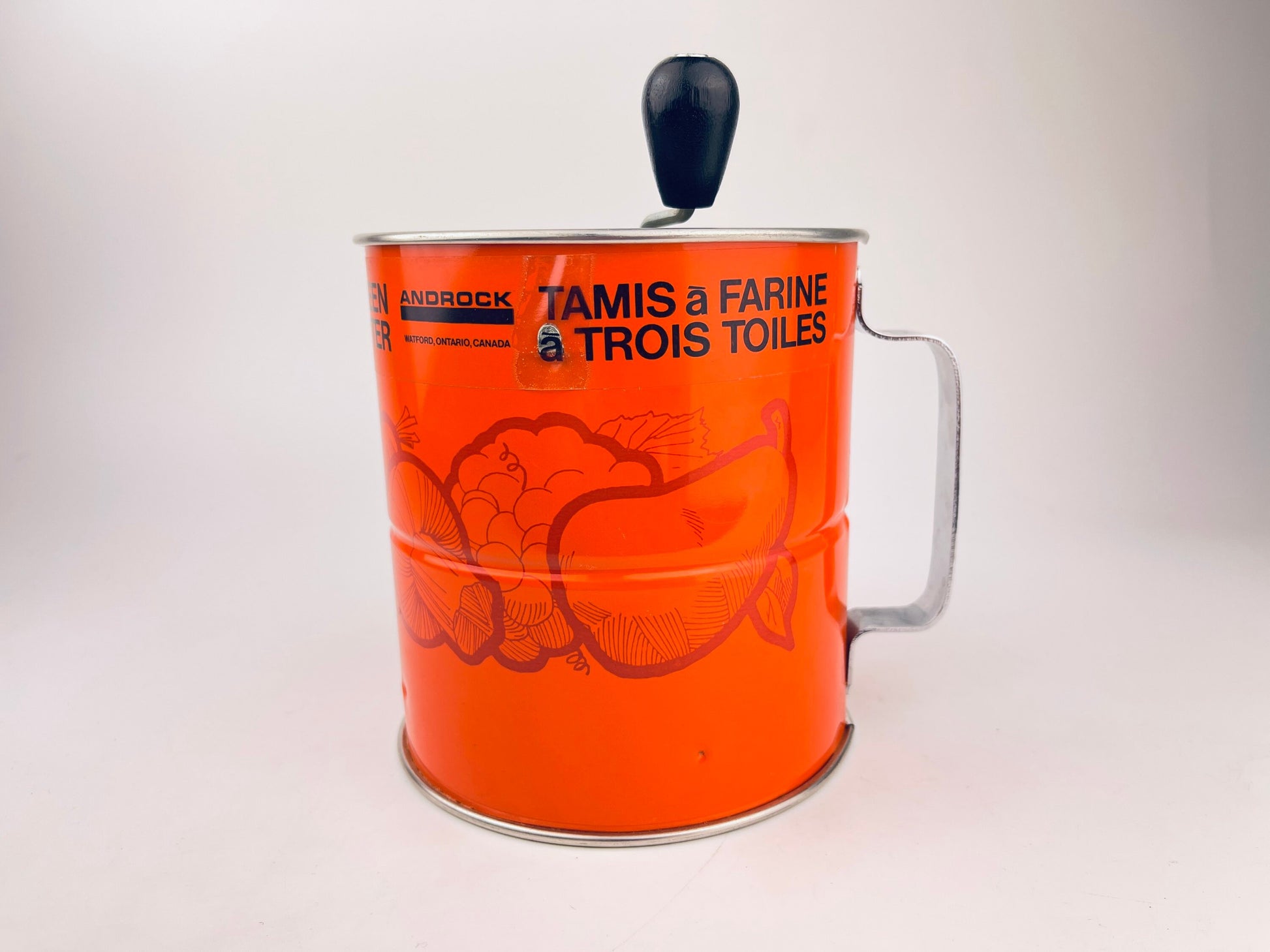 Product image for 'vintage orange metal flour sifter merry mushroom veggie pattern three 3 screen layers new old stock nos' (view a8de82)